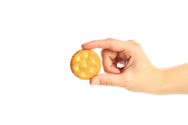 Vrouwelijke Handgreep Cracker Koekjes Geïsoleerd Witte Achtergrond — Stockfoto