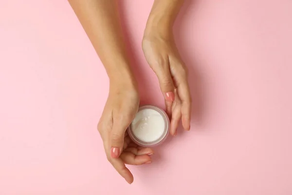 Cute Female Hands Hold Jar Cosmetic Cream Pink Background — Stock Photo, Image