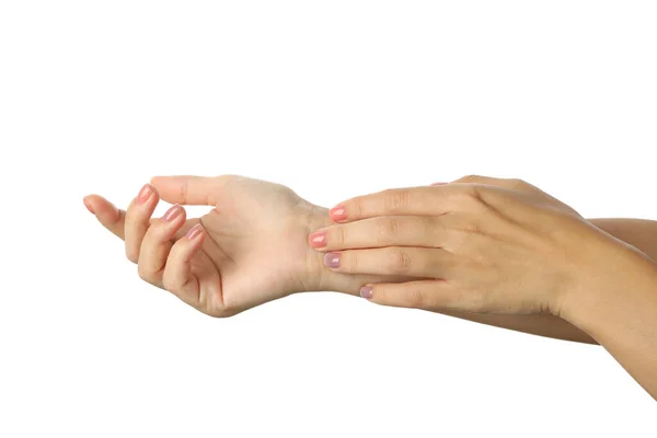 Beyaz Arka Planda Pembe Manikürlü Sevimli Kadın Elleri Var — Stok fotoğraf