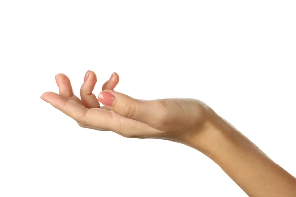 Linda Mano Femenina Con Manicura Rosa Aislada Sobre Fondo Blanco — Foto de Stock