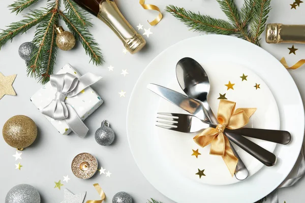 Concept New Year Table Setting Gray Background Top View — Stock Photo, Image