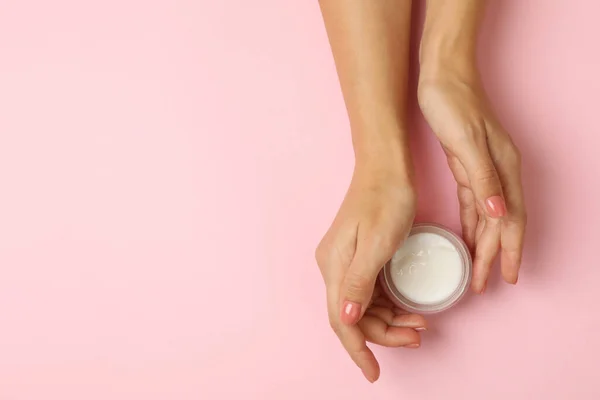 Cute Female Hands Hold Jar Cosmetic Cream Pink Background — Stock Photo, Image