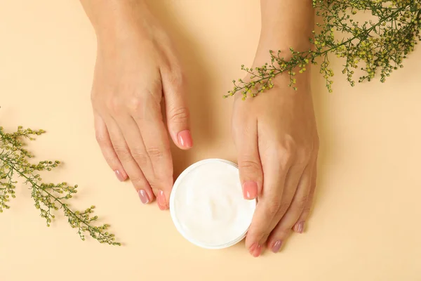 Female Hands Hold Jar Cosmetic Cream Beige Background — Stock Photo, Image