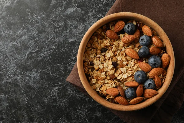 Tovagliolo Con Ciotola Muesli Tavolo Fumoso Nero — Foto Stock