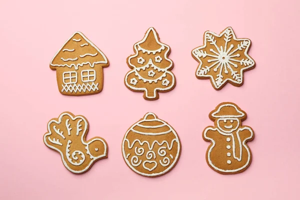 Flat Lay Tasty Christmas Cookie Pink Background — Stock Photo, Image