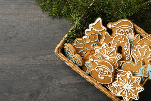 Basket Christmas Cookies Pine Branches Dark Table — Stock Photo, Image