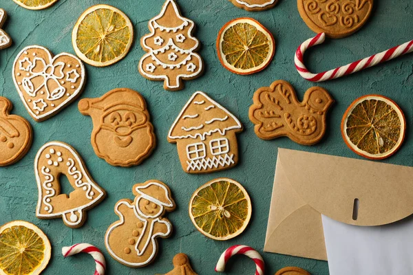 Concept Christmas Cookie Green Background Top View — Stock Photo, Image