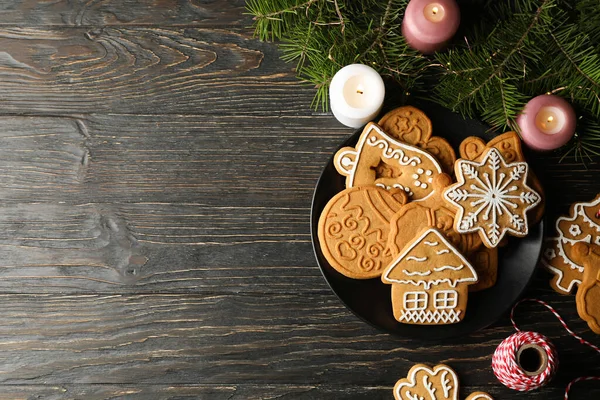 Conceito Comida Férias Com Biscoito Natal Mesa Madeira — Fotografia de Stock