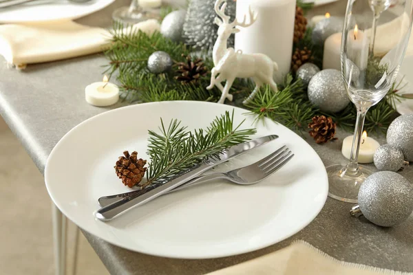 Concept Romantic New Year Table Setting Gray Table — Stock Photo, Image