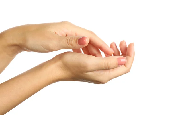 Lindas Manos Femeninas Con Manicura Rosa Aislada Sobre Fondo Blanco — Foto de Stock