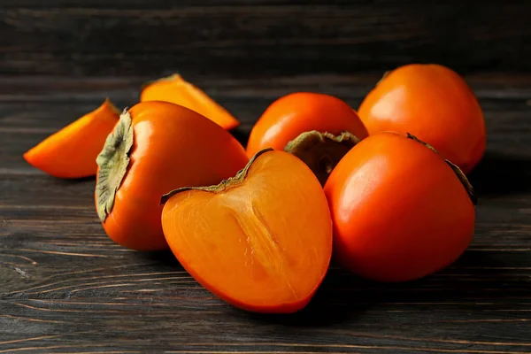 Fresh Ripe Persimmon Wooden Background Close — Stock Photo, Image