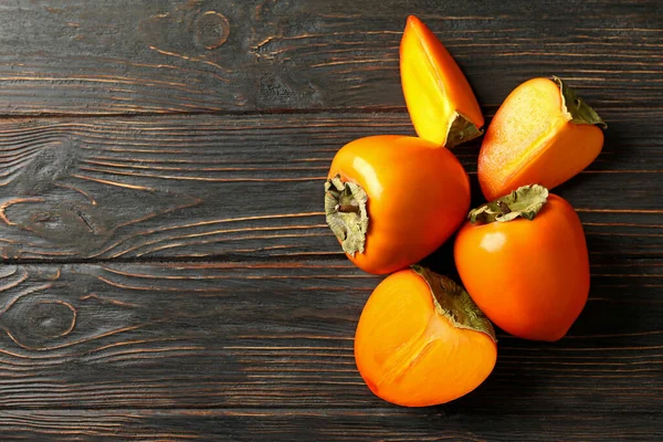 Fresh Ripe Persimmon Wooden Background Space Text — Stock Photo, Image