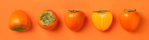 Fresh Ripe Persimmon Orange Background Top View — Stock Photo, Image