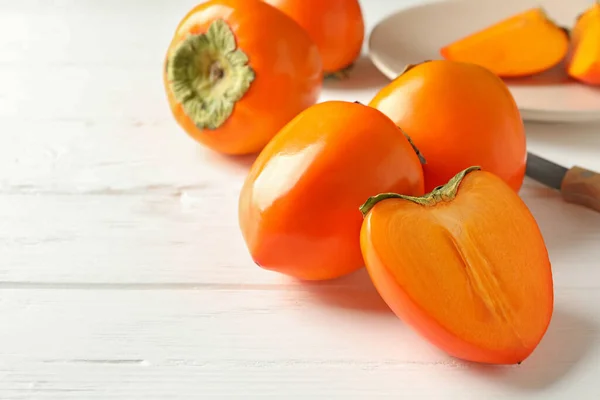 Fresh Ripe Persimmon Wooden Background Close — Stock Photo, Image