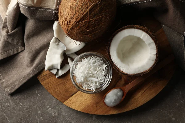 Board Coconut Coconut Flakes Gray Table Stock Image