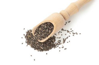 Beyaz zemin üzerinde Chia izole ahşap kepçe