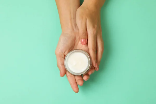 Cute Female Hands Hold Jar Cosmetic Cream Mint Background — Stock Photo, Image