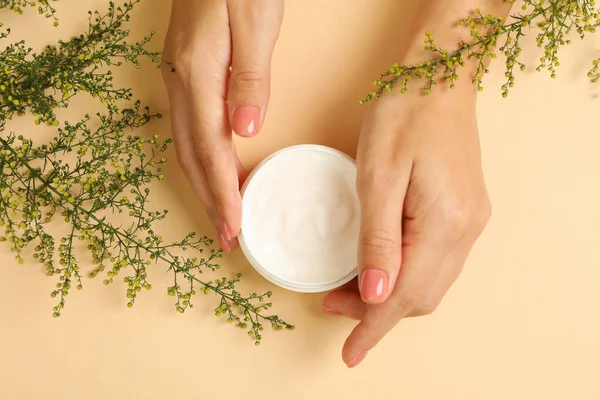 Female Hands Hold Jar Cosmetic Cream Beige Background — Stock Photo, Image