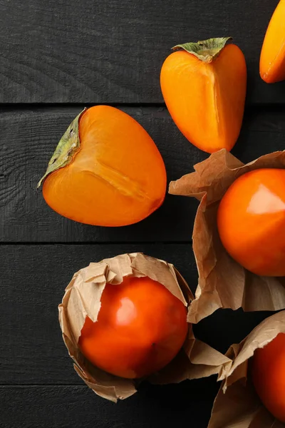 Fresh Ripe Persimmon Wooden Background Top View — Stock Photo, Image