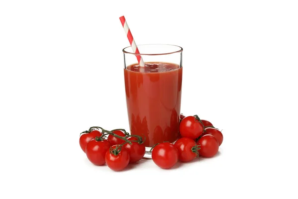 Glas Tomatensaft Und Tomaten Isoliert Auf Weißem Hintergrund — Stockfoto