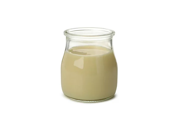 Vaso Vetro Con Latte Condensato Isolato Fondo Bianco — Foto Stock