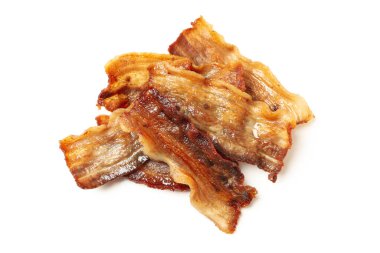 Beyaz arka planda izole edilmiş kızarmış domuz pastırması.