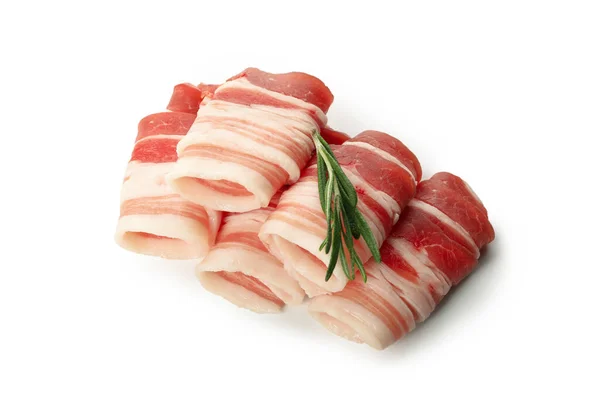 Bacon Cru Saboroso Isolado Fundo Branco — Fotografia de Stock