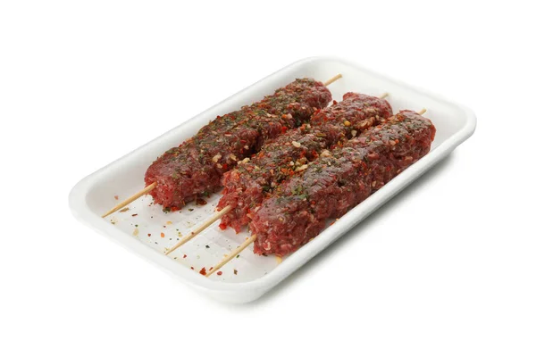 Plastic Doos Met Rauw Gehakt Vlees Lula Kebab Geïsoleerd Witte — Stockfoto