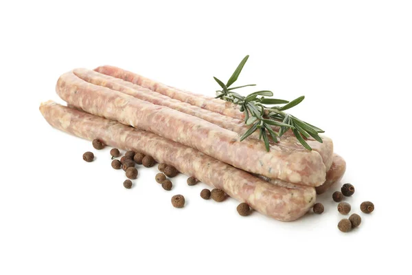 Tasty Raw Sausages Herb Spices Isolated White Background — Stock Photo, Image