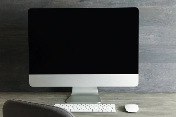 Minimalist Workspace Concept Desktop Computer Gray Background — Stock Photo, Image