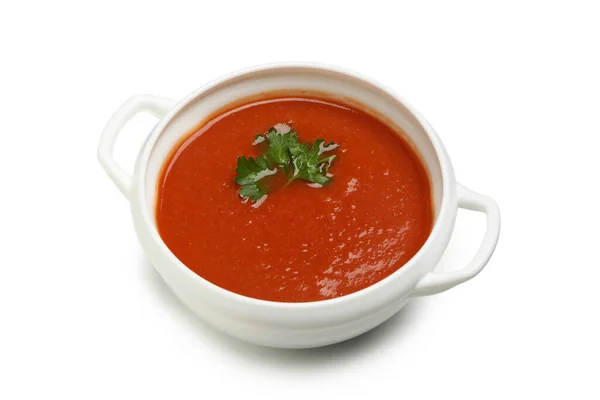 Tigela Sopa Tomate Isolada Fundo Branco — Fotografia de Stock