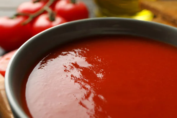 Concept Dîner Savoureux Avec Soupe Aux Tomates Gros Plan — Photo