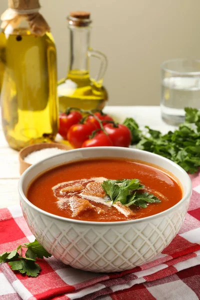 Conceito Comida Saborosa Com Sopa Tomate Close — Fotografia de Stock