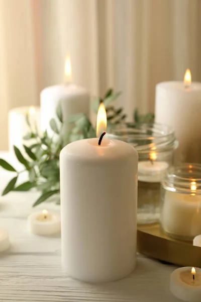 Burning Scented Candles Relax White Wooden Table — Stock Photo, Image