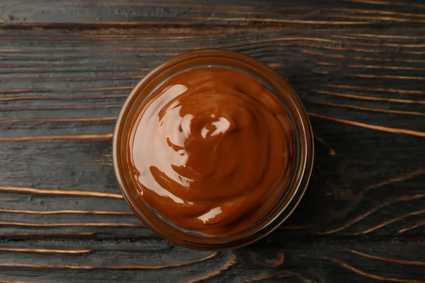 Glass Bowl Caramel Condensed Milk Wooden Background — Stock Photo, Image