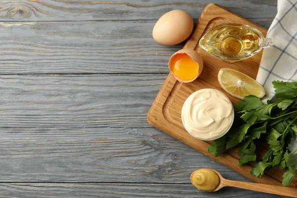Board Bowl Mayonnaise Ingredients Cooking Wooden Background — Stock Photo, Image