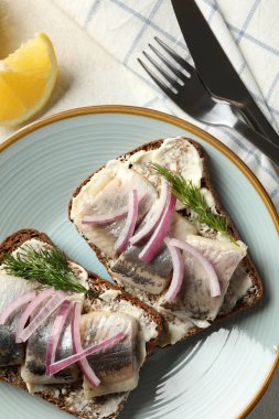 Beyaz desenli arka planda taze ringa balıklı bir tabak sandviç.