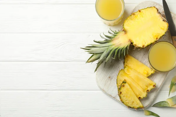 Concept Breakfast Pineapple Glasses Juice Wooden Table Top View — Stock Photo, Image