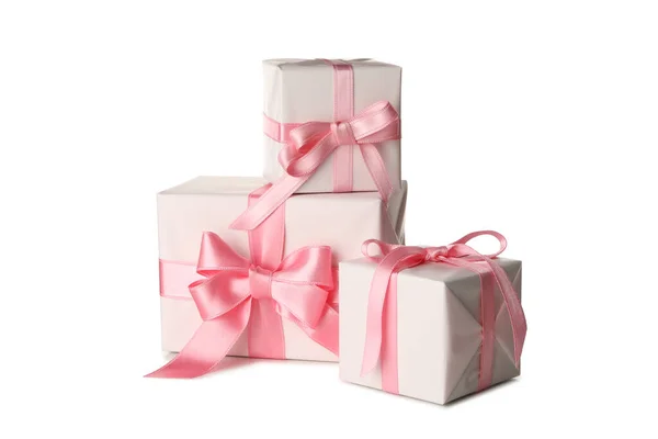 Cajas Regalo Con Lazo Rosa Aislado Sobre Fondo Blanco — Foto de Stock