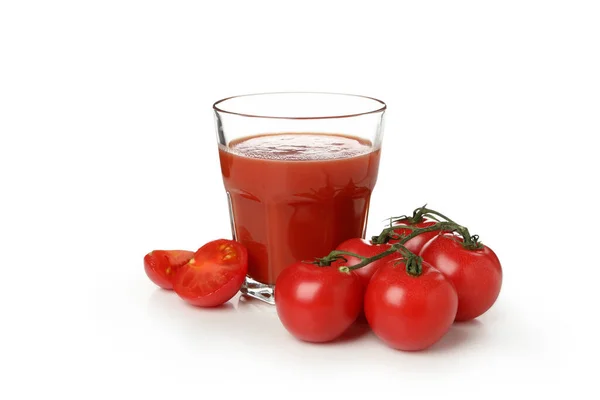 Glas Tomatensaft Und Tomaten Isoliert Auf Weißem Hintergrund — Stockfoto