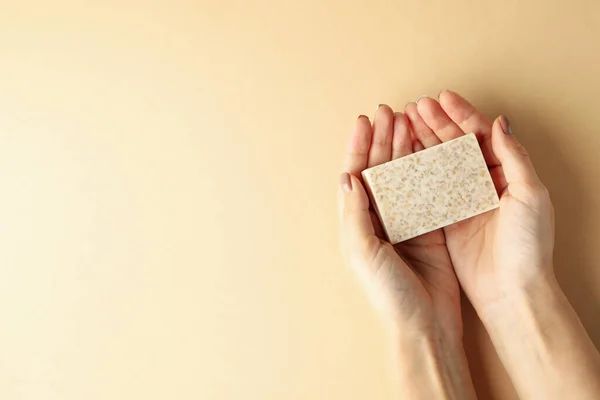 Female Hands Hold Handmade Soap Beige Background — Stock Photo, Image