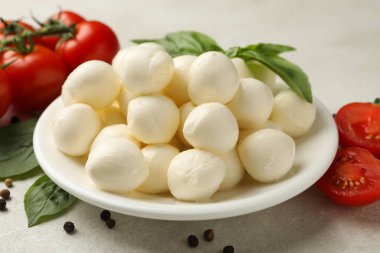 Beyaz desenli arka planda mozzarella ve fesleğen, domates ve biberli tabak, kapat.