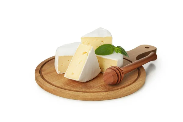 Cutting Board Camembert Basil Dipper Isolated White Background — Stock Photo, Image
