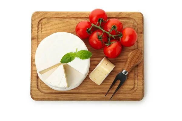 Board Camembert Cheese Basil Fork Tomato Isolated White Background — Stock Photo, Image