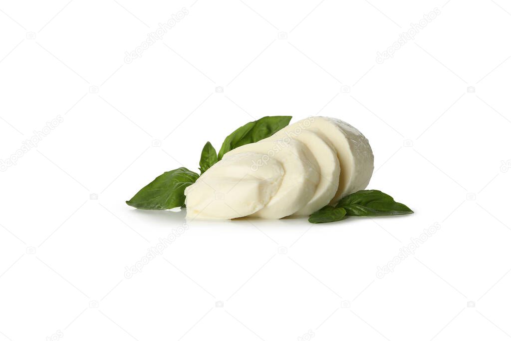Mozzarella cheese and basil isolated on white background