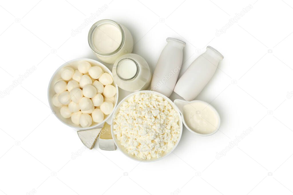 Different fresh dairy products isolated on white background