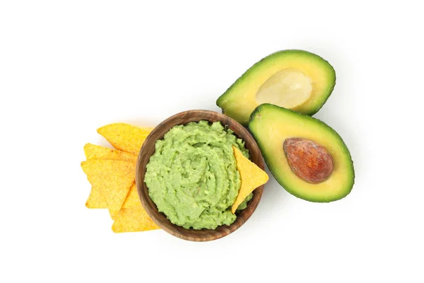 Bowl Guacamole Avocado Chips Isolated White Background — Stock Photo, Image