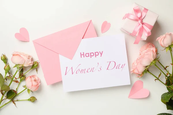 Concept Happy Women Day Envelope Roses Gift Box White Background — Stock Photo, Image