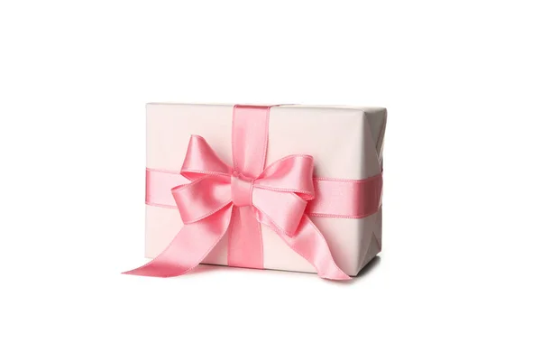 Coffret Cadeau Avec Arc Rose Isolé Sur Fond Blanc — Photo