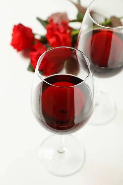 Red Roses Glasses Wine White Background Stock Image